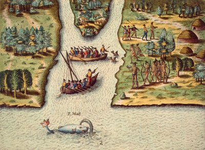 Franskmændenes ankomst, stik af Theodore de Bry (1528-1598), fra The Discourse of Florida. af Theodore de Bry