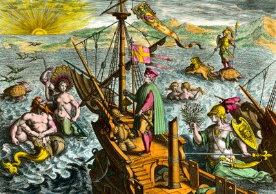 Den italienske navigatør Amerigo Vespuccis båd (1454 - 1512) af Theodore de Bry