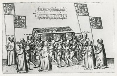Sir Philip Sidneys begravelseskorteg på vej til St. Pauls Cathedral, 1587 af Theodore de Bry