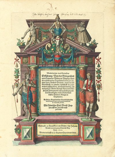 Titelside for den første udgave på tysk af første del af "Great Voyages: America", 1590 af Theodore de Bry