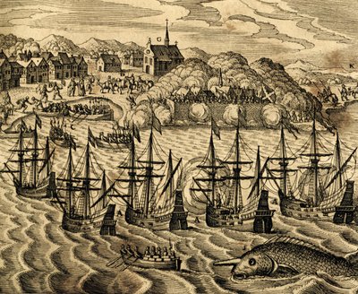 Udsigt over havnen i Acapulco i Mexico, gravering fra Historia Americae, af Theodor de Bry (1528-1598), Frankfurt af Theodore de Bry