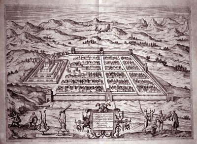 Udsigt over inkabyen Cuzco, Peru (gravering af Theodore de Bry