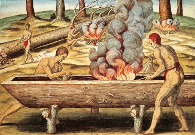 Virginia indfødte bygger en piroga af Theodore de Bry