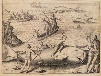 Hvalfangst nær Spitsbergen, gravering af Theodor de Bry (1528-1598) fra India Orientalis (Østindien) af Theodore de Bry