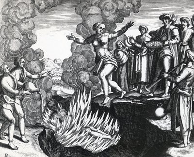Kvinde kaster sig på ægtemandens bål, af Theodor de Bry (1528-1598), gravering af Theodore de Bry