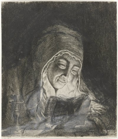 Kvinde læser ved levende lys af Theodorus de Roode