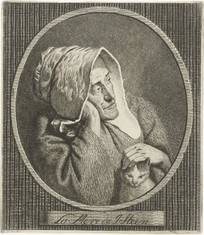 Gammel kvinde med kat La Mere de J. Steen (titel på objekt) af Theodorus de Roode