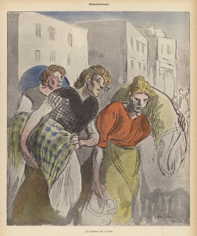 Vaskekvinder vender tilbage fra vaskeriet (farve litho) af Theophile Alexandre (after) Steinlen