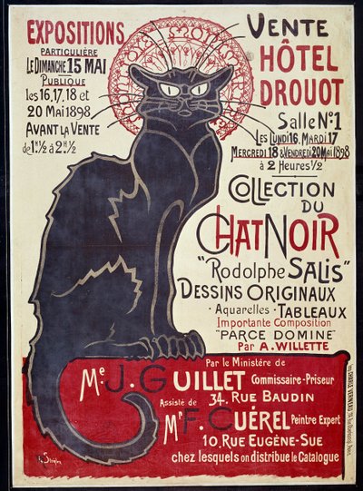 Reklameplakat, der annoncerer salget på Hotel Drouot i 1898 af Cat Noir-samlingen og værker af Rodolphe Salis, Illustration af Theophile Alexandre Steinlen (1859-1923) af Théophile Alexandre Steinlen
