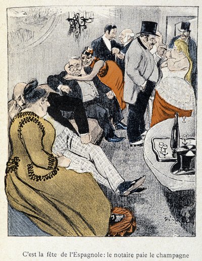 Filles et Marlous: Det er spaniernes fest: notaren betaler champagnen - i "Dans la vie" af Steinlen 1901 (samme tegning som nr. 27695) af Théophile Alexandre Steinlen