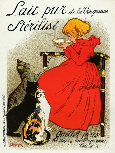 Mad og drikke. Vingeanne mælk. Lille pige med katte. Plakat af Steinlen, Frankrig, ca. 1890 (plakat) af Théophile Alexandre Steinlen