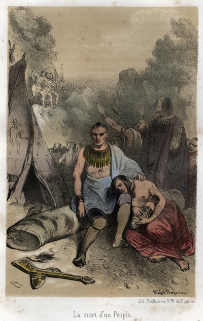 Hurons-massakrerne af irokeserne i Canada i 1763 (Paris-traktaten). Indgravering fra 1845 i "" Jesuiternes dramatiske og maleriske historie fra ordenens grundlæggelse til i dag"" af Adolphe Boucher, tegning af Theophile Fragonar af Theophile Evariste Fragonard