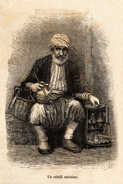 En cafésælger (cafedji), der rejser i basaren i Trebizonde (nutidens Trabzon, ved Sortehavskysten), graverer efter en tegning af fortælleren, der illustrerer en rejse til Lazistan og Armenien i 1869, af Theophile Deyrolle, udgivet i "" Le til af Theophile Louis Deyrolle