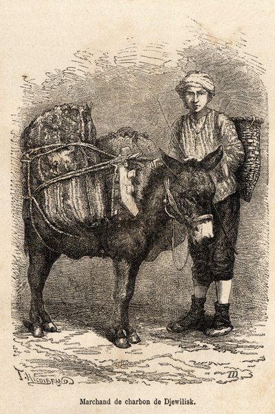 En kulhandler med sit æsel i Djewilisk (det nordlige Anatolien), indgraveret efter en tegning af fortælleren, der illustrerer en rejse i Lazistan og Armenien i 1869, af Theophile Deyrolle, udgivet i "" Le tour du monde"" 1875, redigeret af Edouard Charton af Theophile Louis Deyrolle