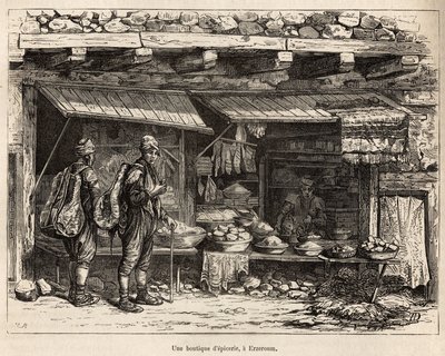 En købmand i Erzeroum (Armenien), indgraveret efter en tegning af forfatteren, der illustrerer rejsen i Lazistan og Armenien, af Theophile Deyrolles, i 1869, udgivet i "" Le tour du monde""" 1875, redigeret af Edouard Charton, Hachette udgave, Paris. af Theophile Louis Deyrolle