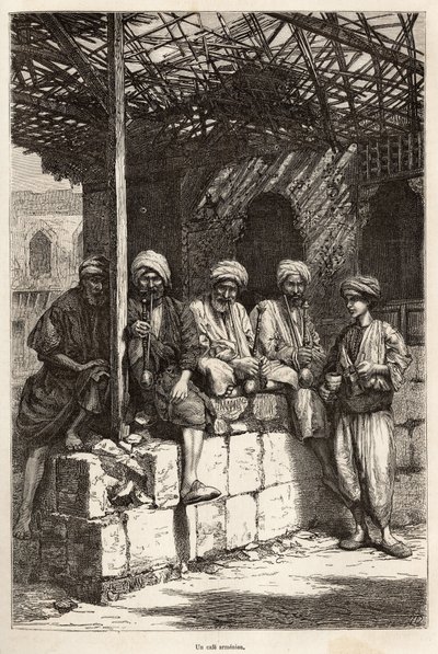 En armensk cafe, et sted for maskulin hygge, til at drikke kaffe og ryge pibe, gravering efter en tegning af forfatteren, der illustrerer rejsen i Lazistan og Armenien, af Theophile Deyrolles, i 1869, udgivet i "" Le tour du monde" ”” 1875, e af Theophile Louis Deyrolle
