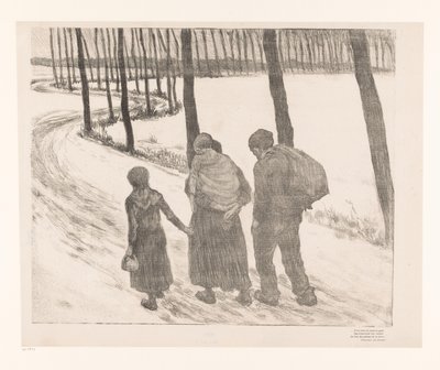 Mand og kvinde med to børn, der går på en landevej Pauvres gens af Théo van Rysselberghe