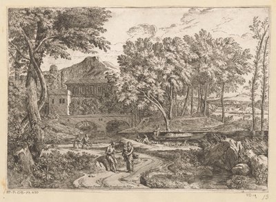 Arkadisk landskab med en flok geder ved vandet og en mor med barn på en sti med andre figurer Suite de Paysages (serietitel) af Théodore