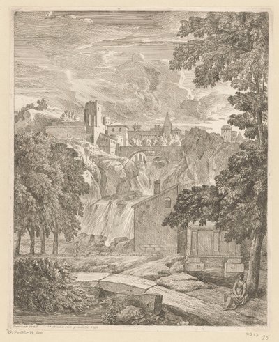 Arkadisk landskab med et vandfald og en kvinde under et træ Suite de paysages (serietitel) af Théodore