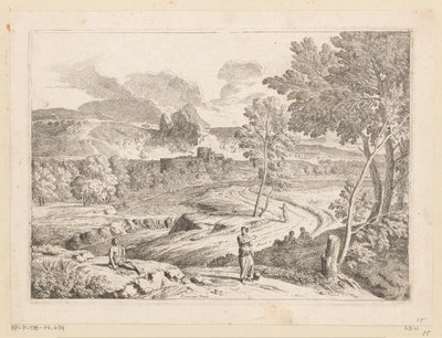 Arkadisk landskab med figurer langs en sti ved en å Suite de Paysages (serietitel) af Théodore