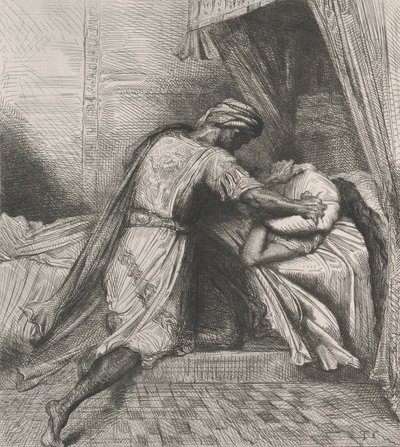 Han kvæler hende: plade 13 fra Othello Act 5, Scene 2, ætset 1844, genoptrykt 1900. af Théodore Chassériau
