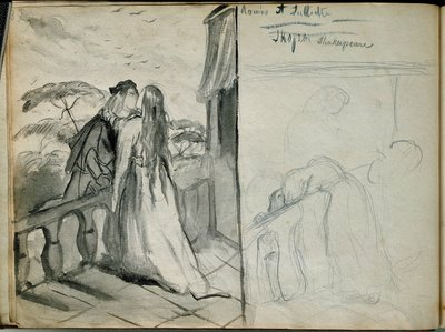 Les lovers Romeo et Juliet Illustration af stykket af samme navn af William Shakespeare (1564-1616), der repræsenterer elskere, der kysser på balkonen. Skitse af Theodore Chasseriau (1819-1856) Paris. Louvre-museet af Théodore Chassériau