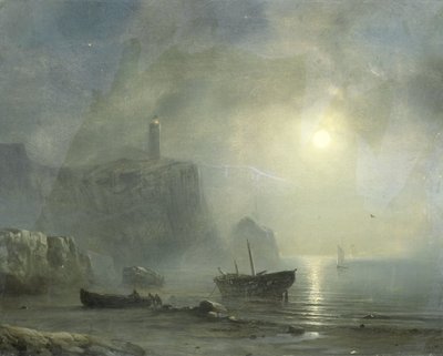 Udsigt over en klippekyst ved måneskin af Théodore Gudin (attributed to)