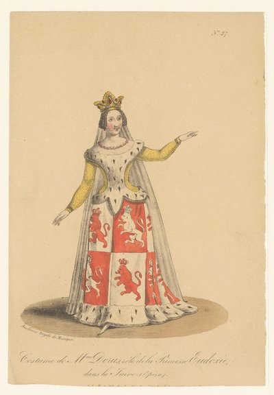Julie Dorus-Gras i rollen som prinsesse Eudoxie i operaen La Juive Kostume af fru Dorus, rollen som prinsesse Eudoxie, i La Juive (Opéra) (titel på objektet) Skuespillere, skuespillerinder i operazangers in hun rol (serietitel) af Théodore Lejeune