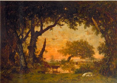 Udgang fra skoven i Fontainebleau, solnedgang (olie på lærred af Pierre Etienne Theodore Rousseau