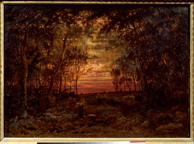 Solnedgang i skoven Maleri af Theodore Rousseau (1812-1867) Barbizon School fra det 19. århundrede. Svag. 0,46x0,62m. Olie på lærred. . af Pierre Etienne Theodore Rousseau