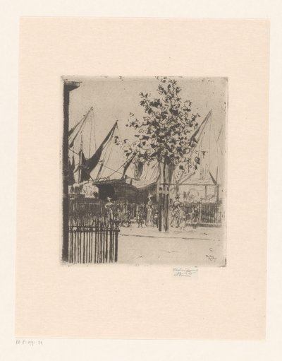 Gadeudsigt med figurer ved en havn Hjørnet af Luna Street, Chelsea Embankment af Théodore Roussel (signed by artist)