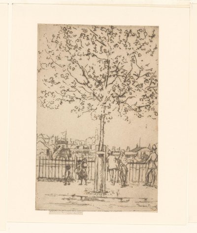 Seks figurer ved et hegn langs en flod, i forgrunden et træ Chelsea Embankment, juni, kl. 17.00, 1889 af Théodore Roussel (signed by artist)