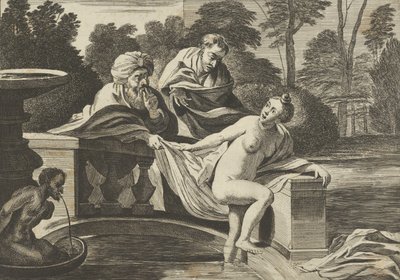 Susanna, delvis nøgen og træder ud af et springvand med to ældste til venstre, en o..., ca. 1656-60. af Théodorus van Kessel
