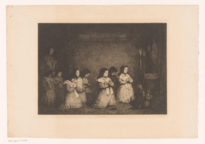 En gruppe piger i bøn foran en statue af Maria La Priere (titel på objekt) Eaux-Fortes Modernes: Originales et Inédites (serietitel) af Théodule Augustin Ribot