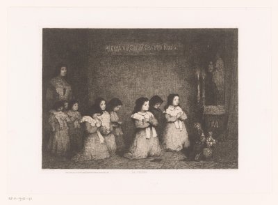 En gruppe piger i bøn foran en statue af Maria La Priere (titel på objekt) Eaux-Fortes Modernes: Originales et Inédites (serietitel) af Théodule Augustin Ribot
