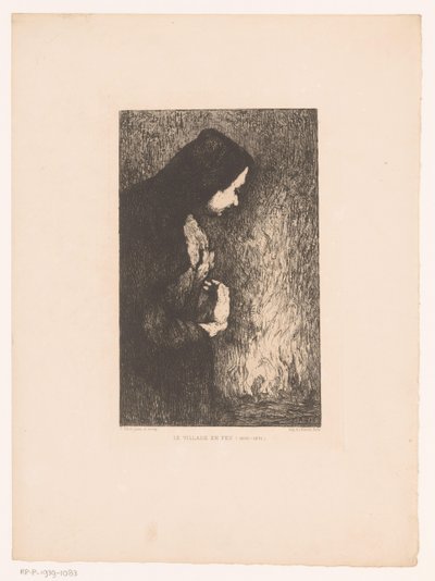 Stående kvinde ser på den brændende landsby i baggrunden Le Village en Feu (titel på objekt) af Théodule Augustin Ribot
