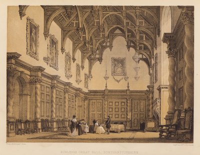 Burleigh Great Hall, Northamptonshire (akvatint) af Thomas (after) Allom