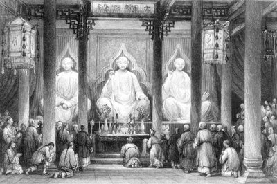 Store Tempel i Hunan, Kanton, indgraveret af A. Willmore (gravering) af Thomas (after) Allom