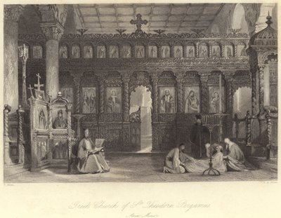 Den græske kirke Sankt Theodor, Pergamus, Lilleasien (gravering) af Thomas (after) Allom