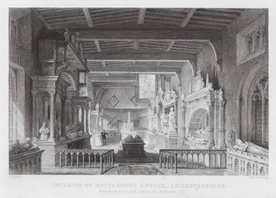 Interiør af Bottesford Church, Leicestershire, Monumenter til Earls of Rutland (gravering) af Thomas (after) Allom
