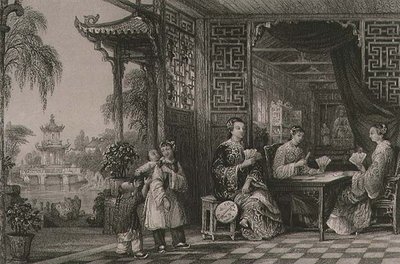 Damer fra en mandarinfamilie ved kortspil, fra "China in a Series of Views" af George Newenham Wright (ca.1790-1877) 1843 (stik) af Thomas (after) Allom