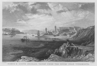 North og South Shields, taget fra klipperne nær Tynemouth (gravering) af Thomas (after) Allom