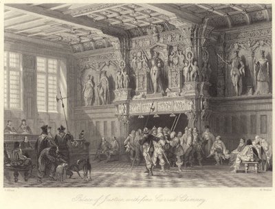 Justice Palace, med fin udskåret skorsten, Brügge (gravering) af Thomas (after) Allom