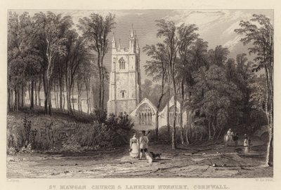 St Mawgan Church og Lanhern Nunnery, Cornwall (gravering) af Thomas (after) Allom
