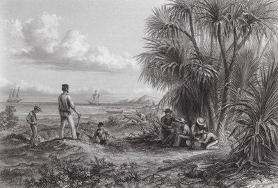 Australien: En opdagelsesrejsendes lejr (kobberstik) af Thomas (after) Baines