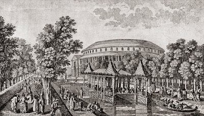 Ranelagh Gardens, Chelsea, London, England. Det ydre af Rotunda ved Ranelagh Gardens, det "kinesiske hus", og en del af grunden, efter gravering af Thomas Bowles af Thomas (after) Bowles