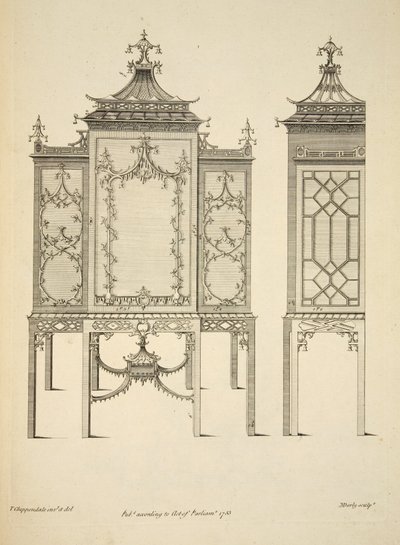 Design til en China Case, pub. 1753 (gravering) af Thomas (after) Chippendale