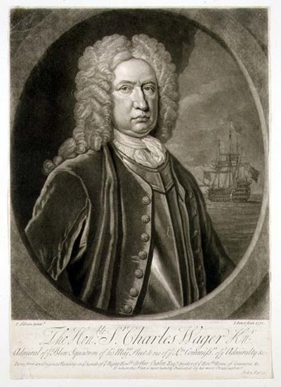Portræt af Sir Charles Wager (1666-1743), admiral for den blå eskadre, graveret af John Faber (1684-1756) 1732 (stik) af Thomas (after) Gibson