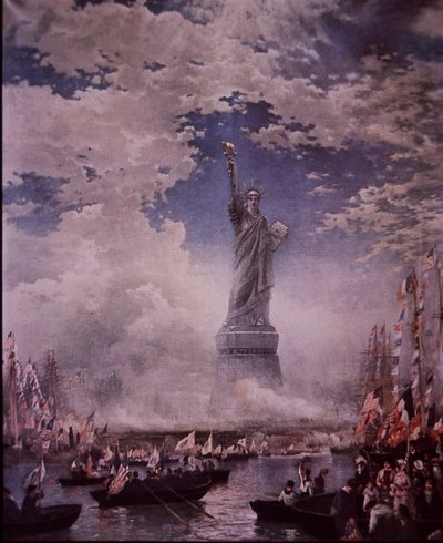 Afsløring af Frihedsgudinden i New York Harbor, 28. oktober 1886 (farve litho) af Thomas (after) Moran