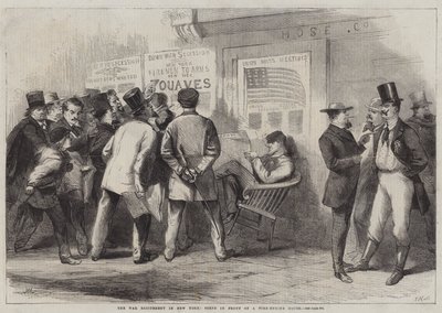 Krigsspændingen i New York, scene foran et brandmotorhus (gravering) af Thomas (after) Nast